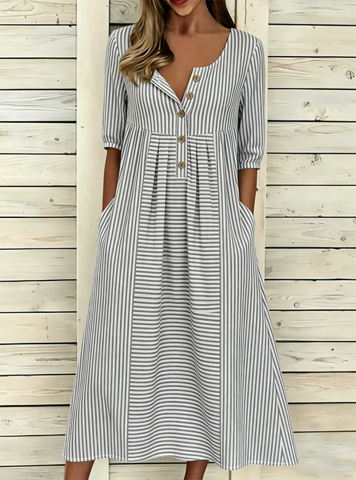 Loose Striped Vintage Half Open Collar Dress With No