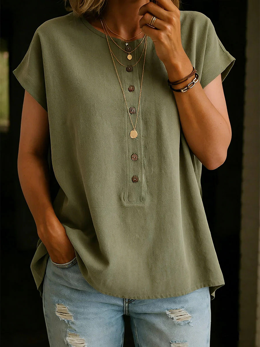 Plain Round Neck Short Sleeve Button Spring Summer Casual Blouse