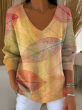 Women's Long Sleeve T-shirt Spring/Fall Orange Maple Leaf Printing V Neck Daily Going Out Casual Top