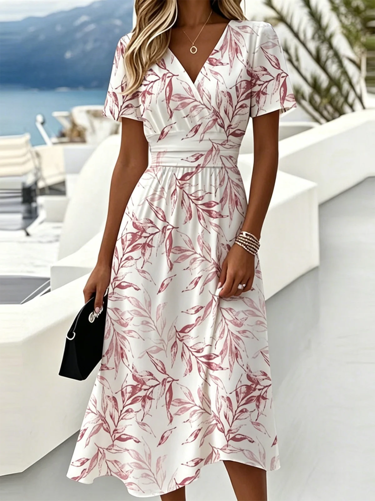 Women’s Blue Leaf Print Wrap V Neck Midi Dress Boho Summer Dress