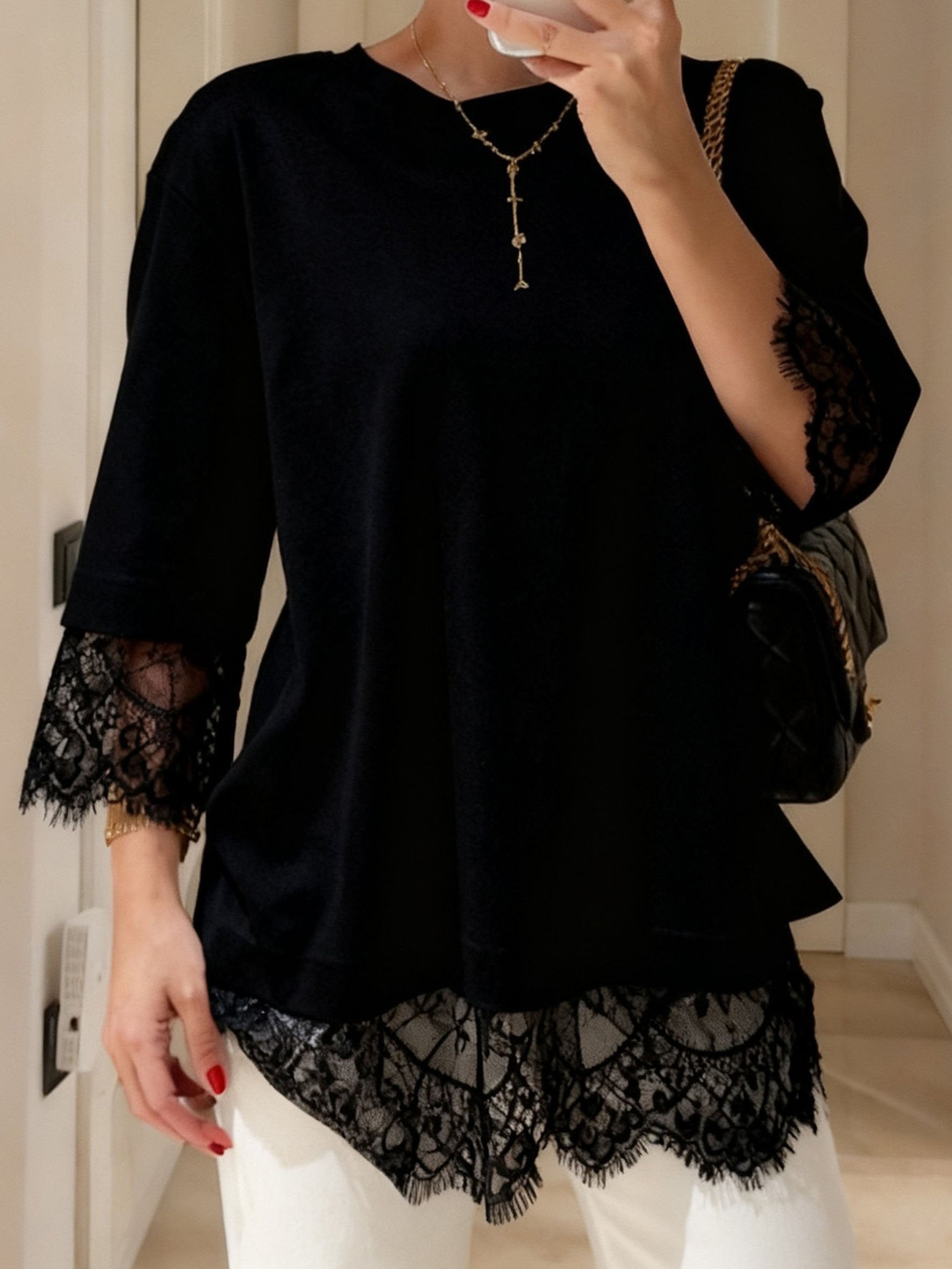 Elegant Plain Lace Patchwork Top Crew Neck Short Sleeve Casual Loose T-Shirt