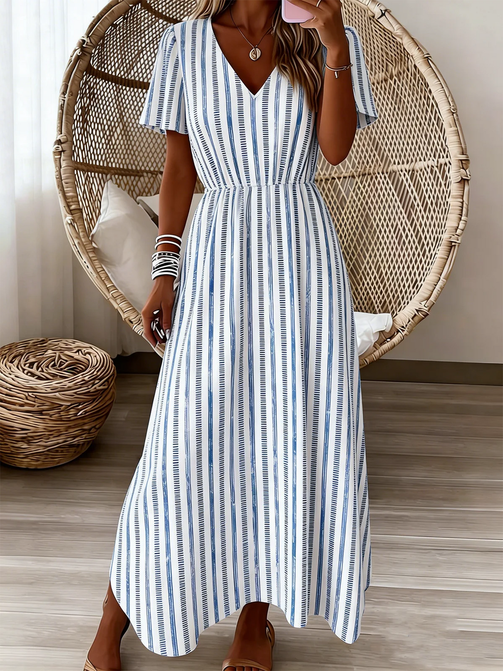 Loose V Neck Linen Blend Vintage Dress With No