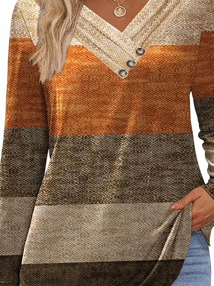 Casual Cotton Striped V Neck T-Shirt