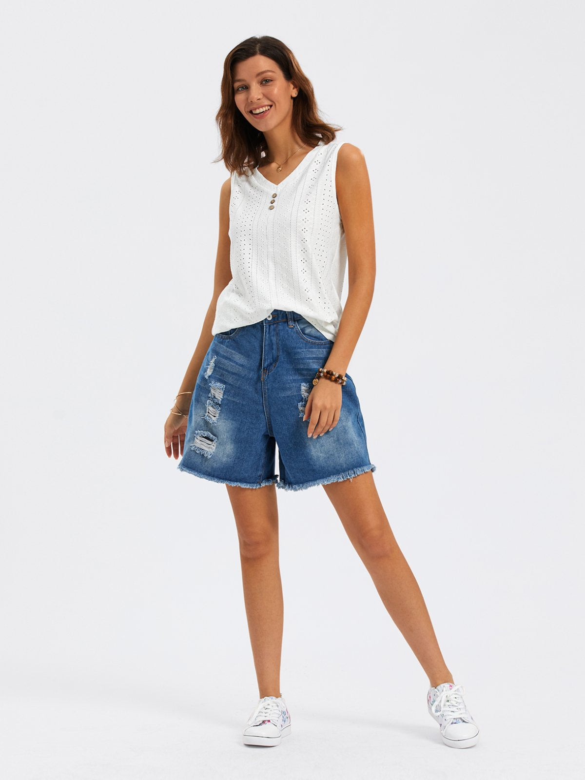 Loose V Neck Casual Buttoned Eyelet Embroidery Front Tank Top