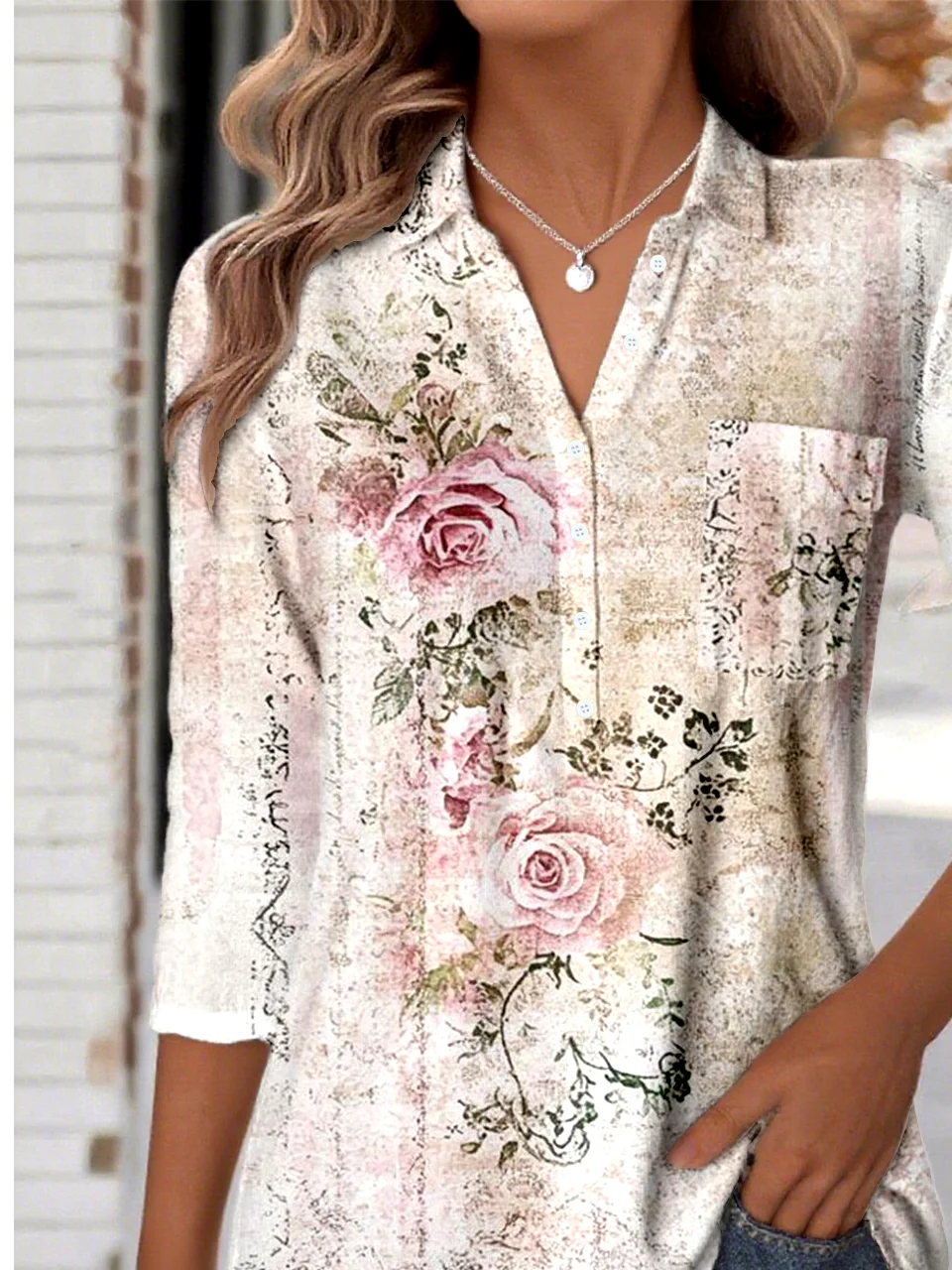 Women's Vintage Floral Pattern Patch Pocket Long Sleeve Shirt Regular Top