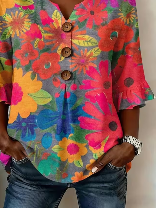Women's Half Sleeve Blouse Summer As Picture Floral Printing V Neck Daily Going Out Vintage Top