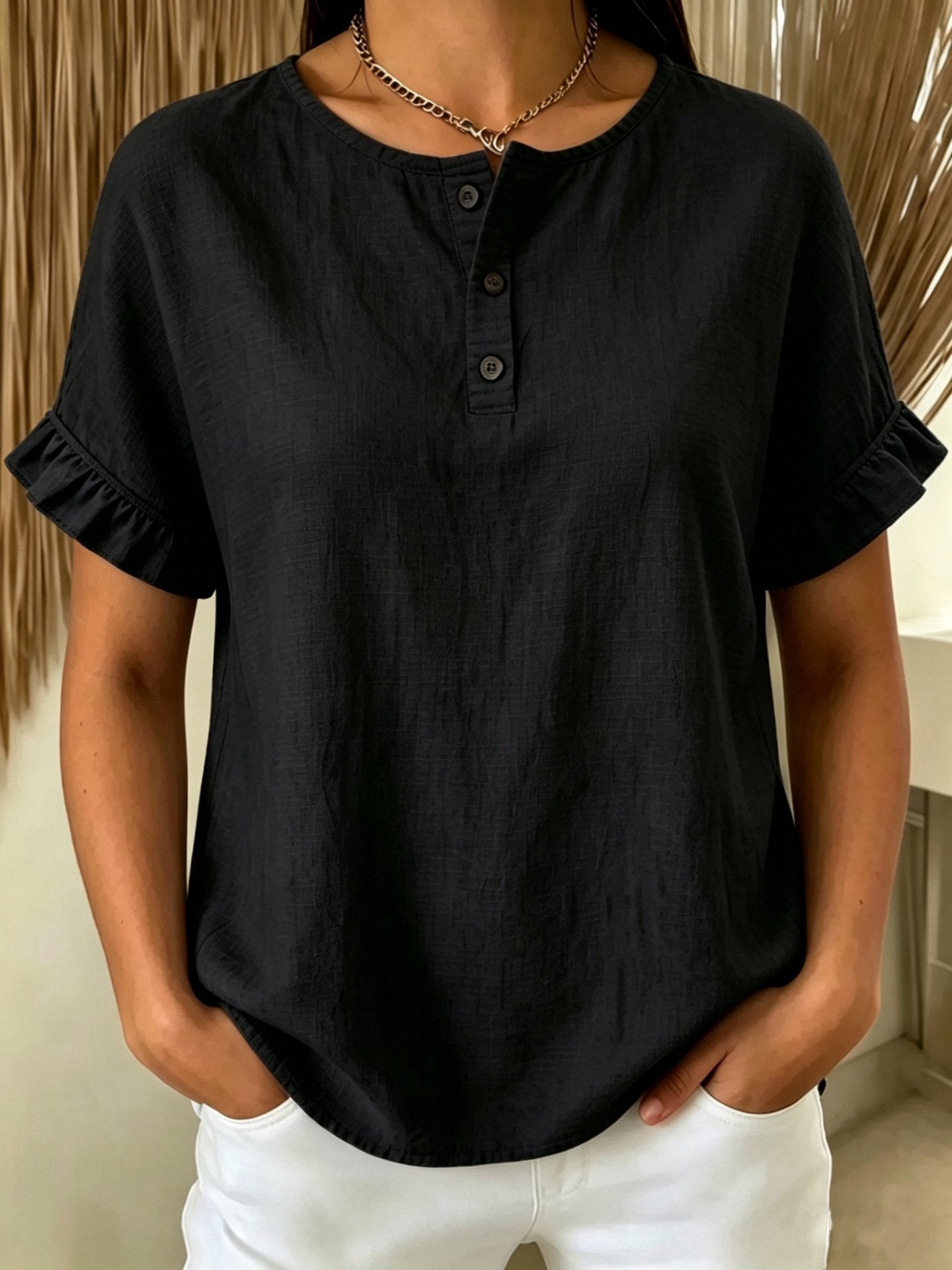 Solid Ruffle Sleeve Henley Neck Button Down T-Shirt