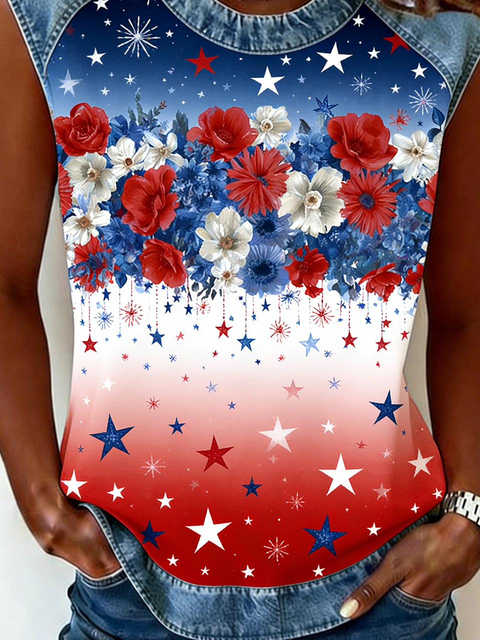 Vintage Crew Neck Loose Gradient Pattern Tank Top