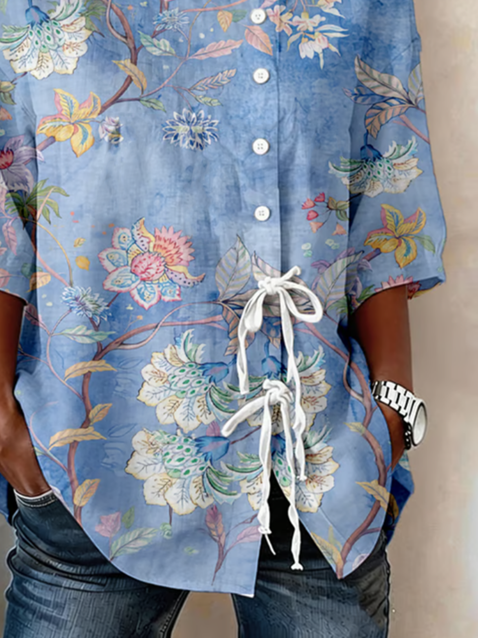 Elegant Botanical Pattern Loose Crew Neck Blouse
