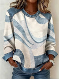 Women's Abstract Stripes Print Patchwork Denim Crewneck Long-Sleeved Sweatshirt