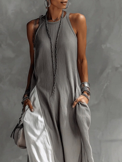 Casual Color Block Crew Neck Maxi Dress