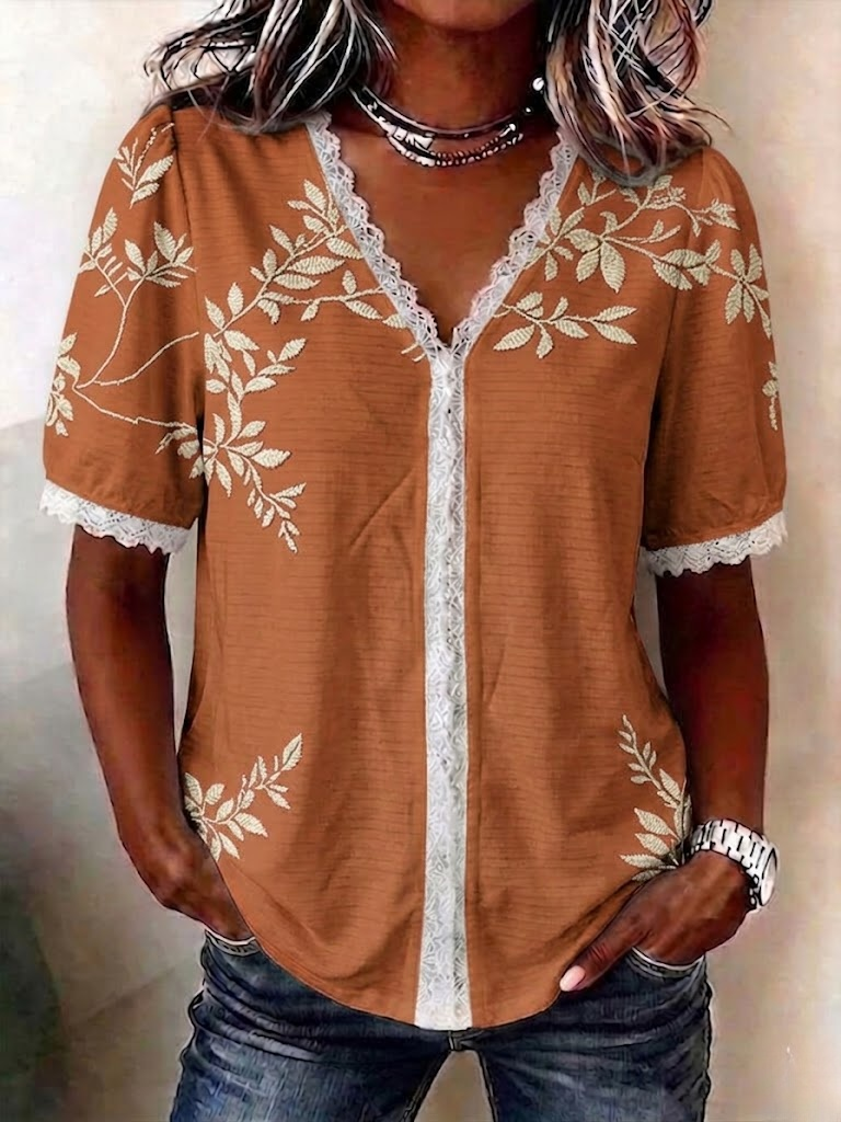 Casual Regular Fit V Neck Botanical Pattern Blouse