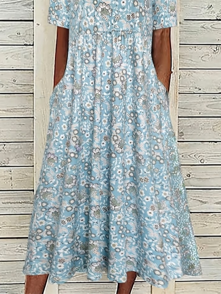 Women's Short Sleeve Summer Blue Floral Printing Crew Neck Daily Going Out Casual Maxi H-Line Shift Dress Dress