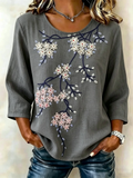Cotton And Linen Floral Crew Neck Vintage Shirt