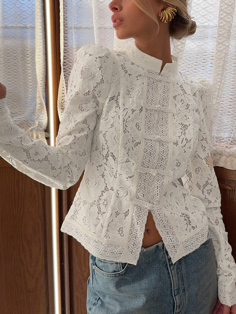 Mock Neck Elegant Lace Cotton-Blend Shirt