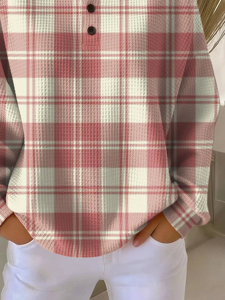 Women's Plaid Print Button-Up Casual Waffle Knit Sweatshirt