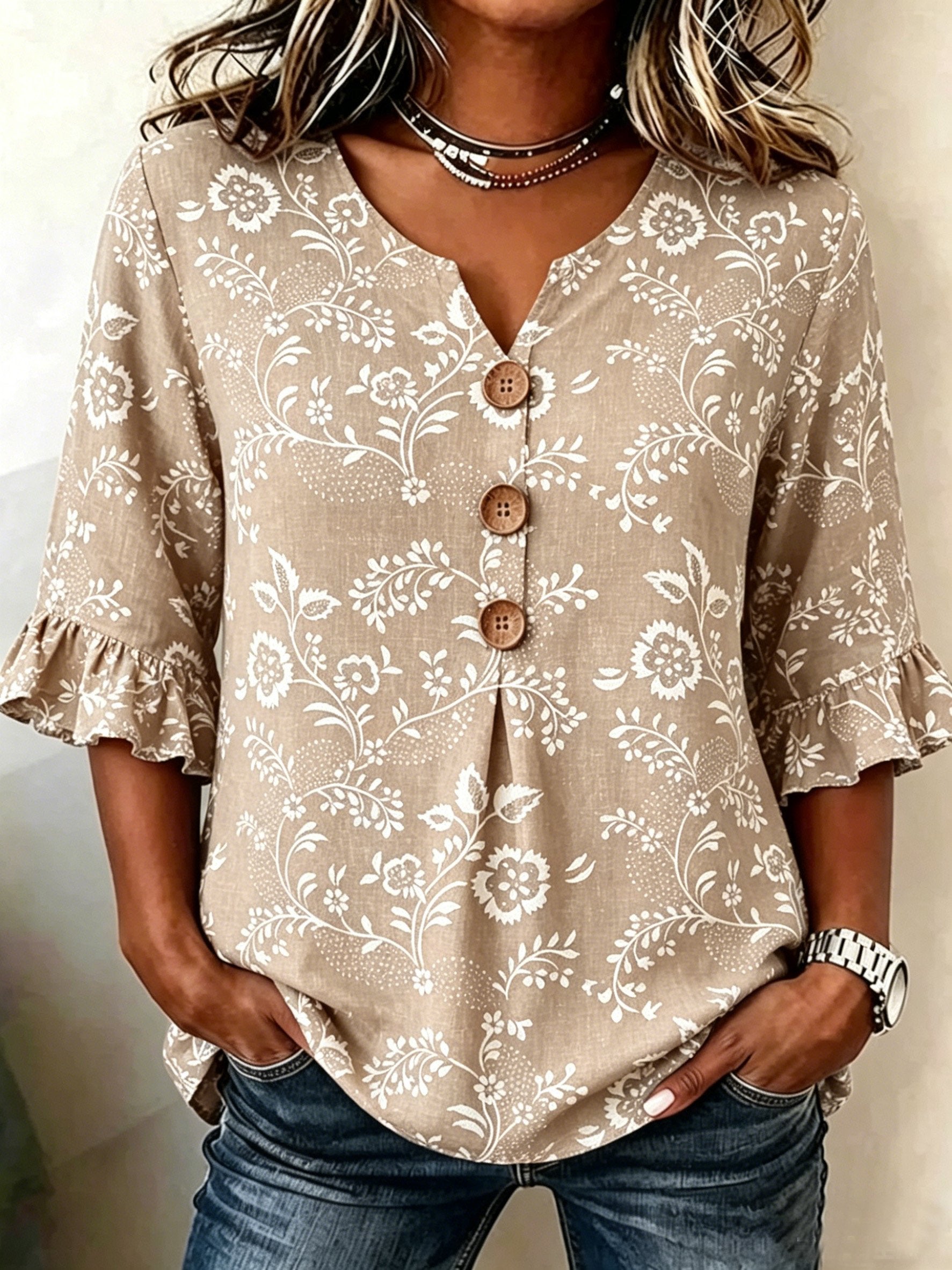 Women's Denim Blue Floral Half Sleeve Blouse Summer White Plain Peplum V Neck Button Daily Going Out Vintage Top