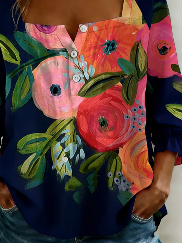 Women's Three Quarter Sleeve Blouse Spring/Fall Navyblue Floral Printing Square Neck Daily Going Out Vintage Top