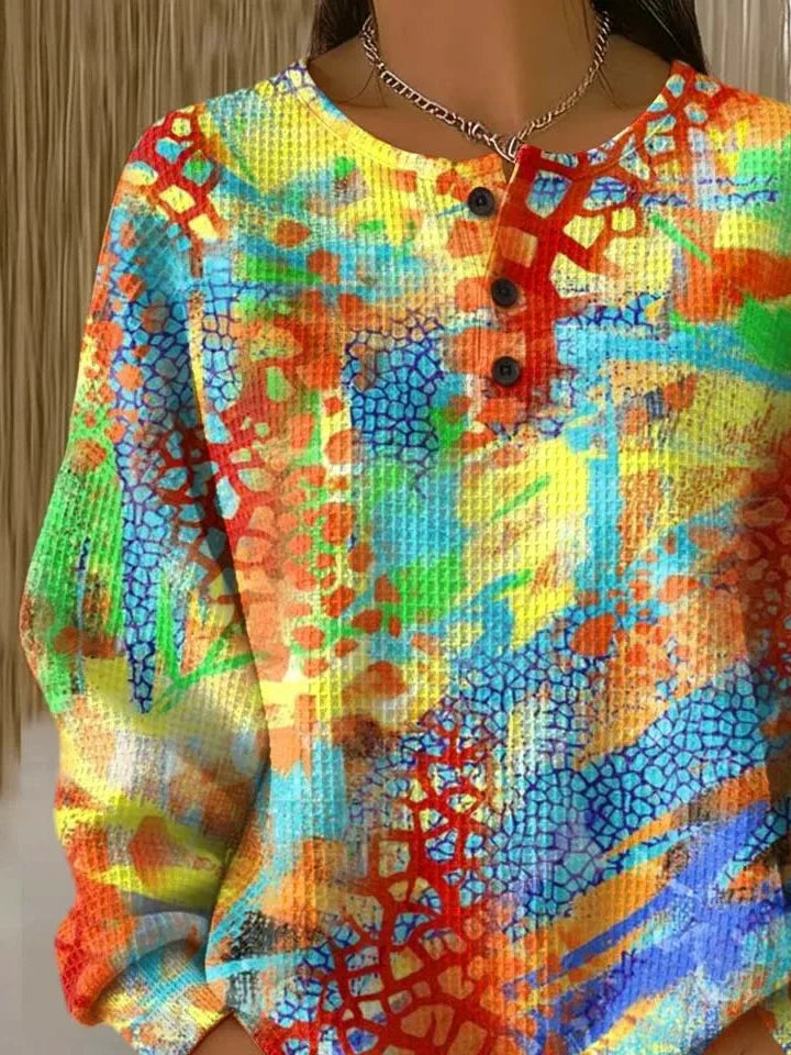 Women's Abstract Print Button-Up Casual Waffle Knit Sweatshirt