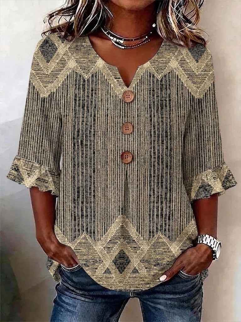 Women's Half Sleeve Blouse Summer Brown Abstract Printing V Neck Daily Going Out Vintage Top