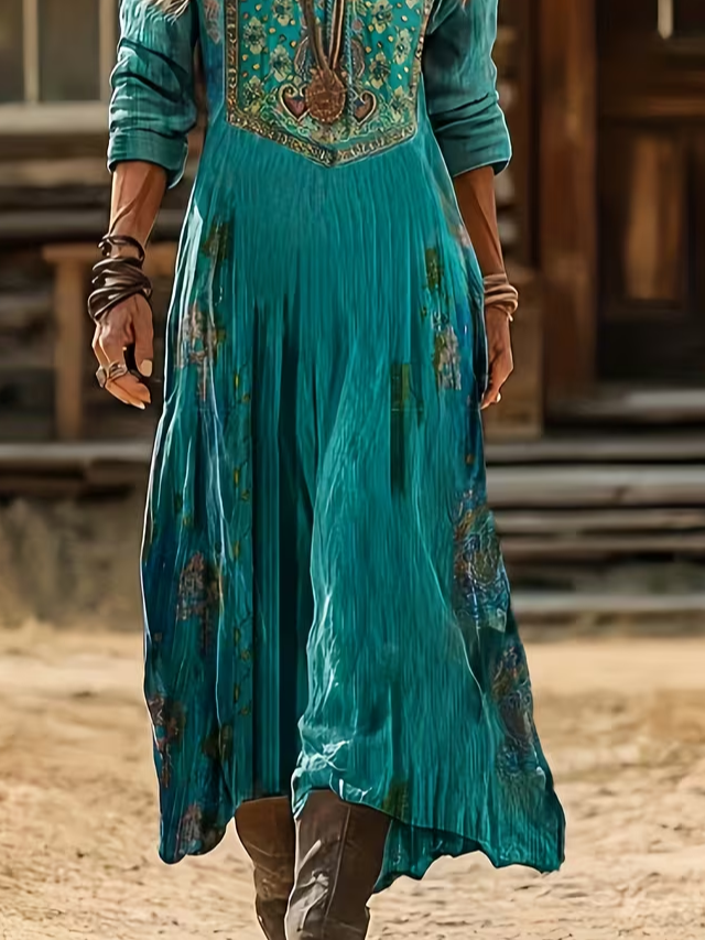 Women's Long Sleeve Spring/Fall Cyan Ethnic Printing V Neck Daily Going Out Vintage Maxi H-Line Dress