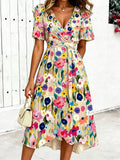 V Neck Puff Short Sleeve Belt Colorful Floral Print Elegant Maxi Dress