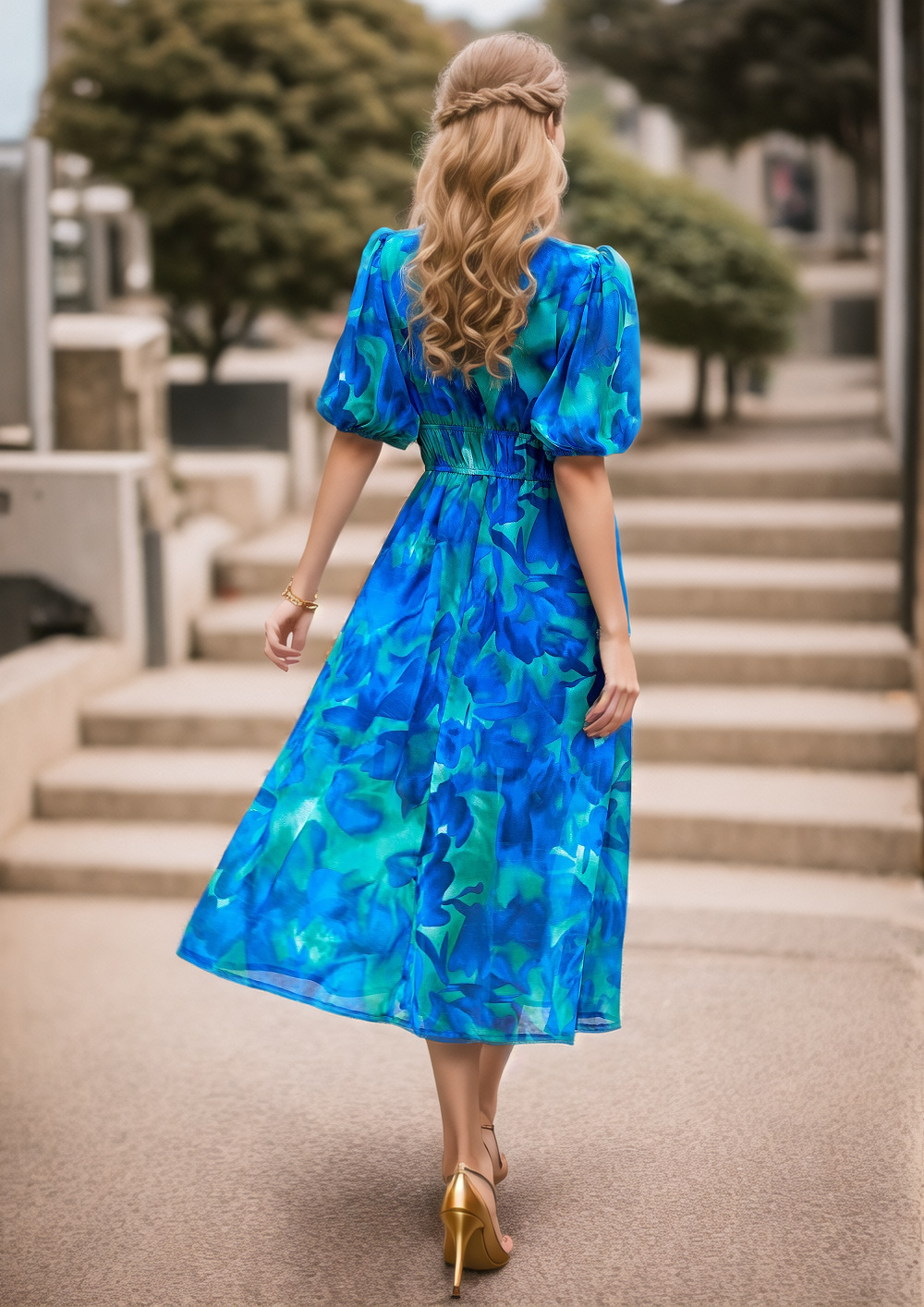 Puff Sleeve V Neck Floral Elegant Dress With No