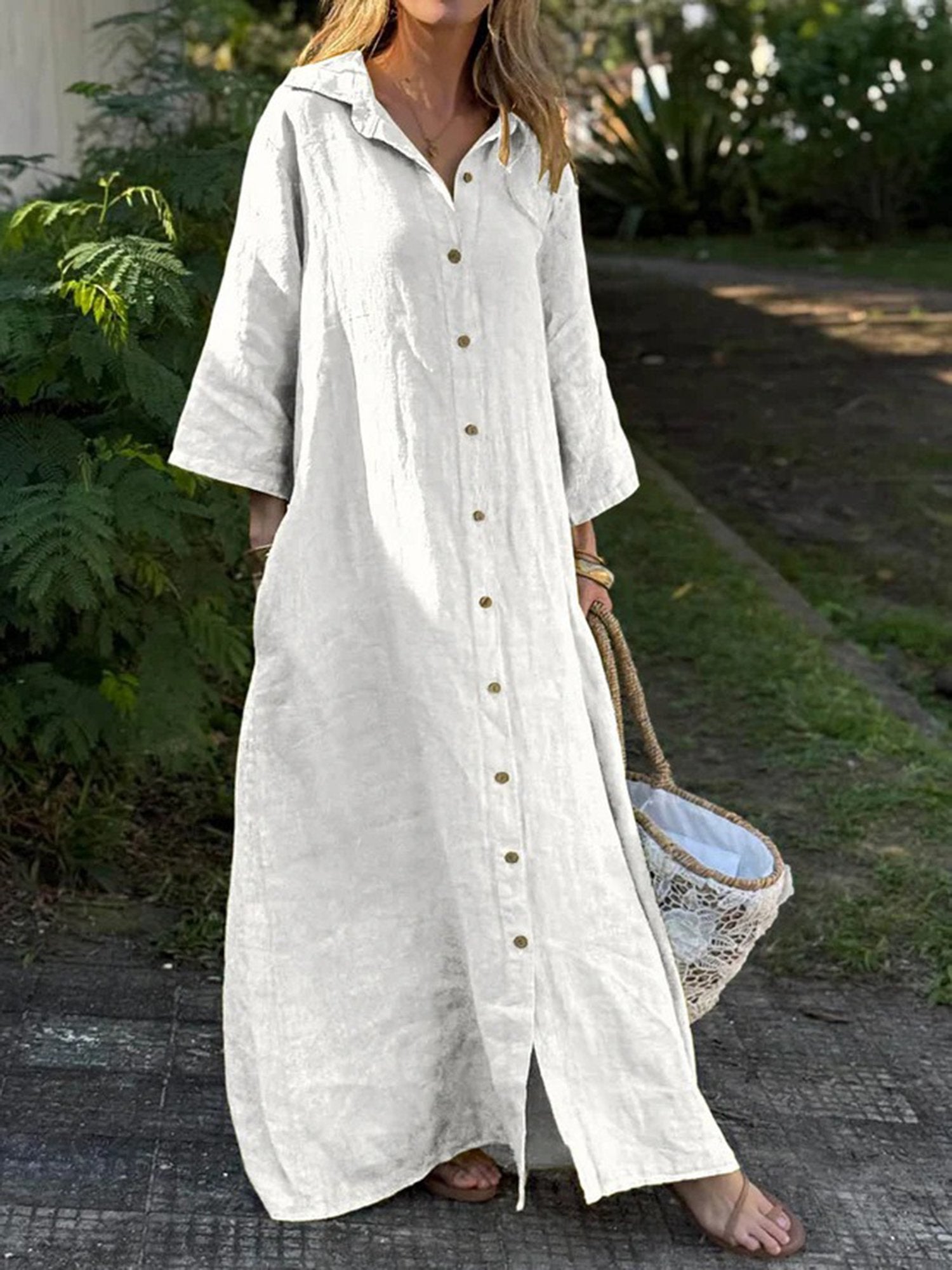 Casual Plain Shirt Collar Maxi Dress