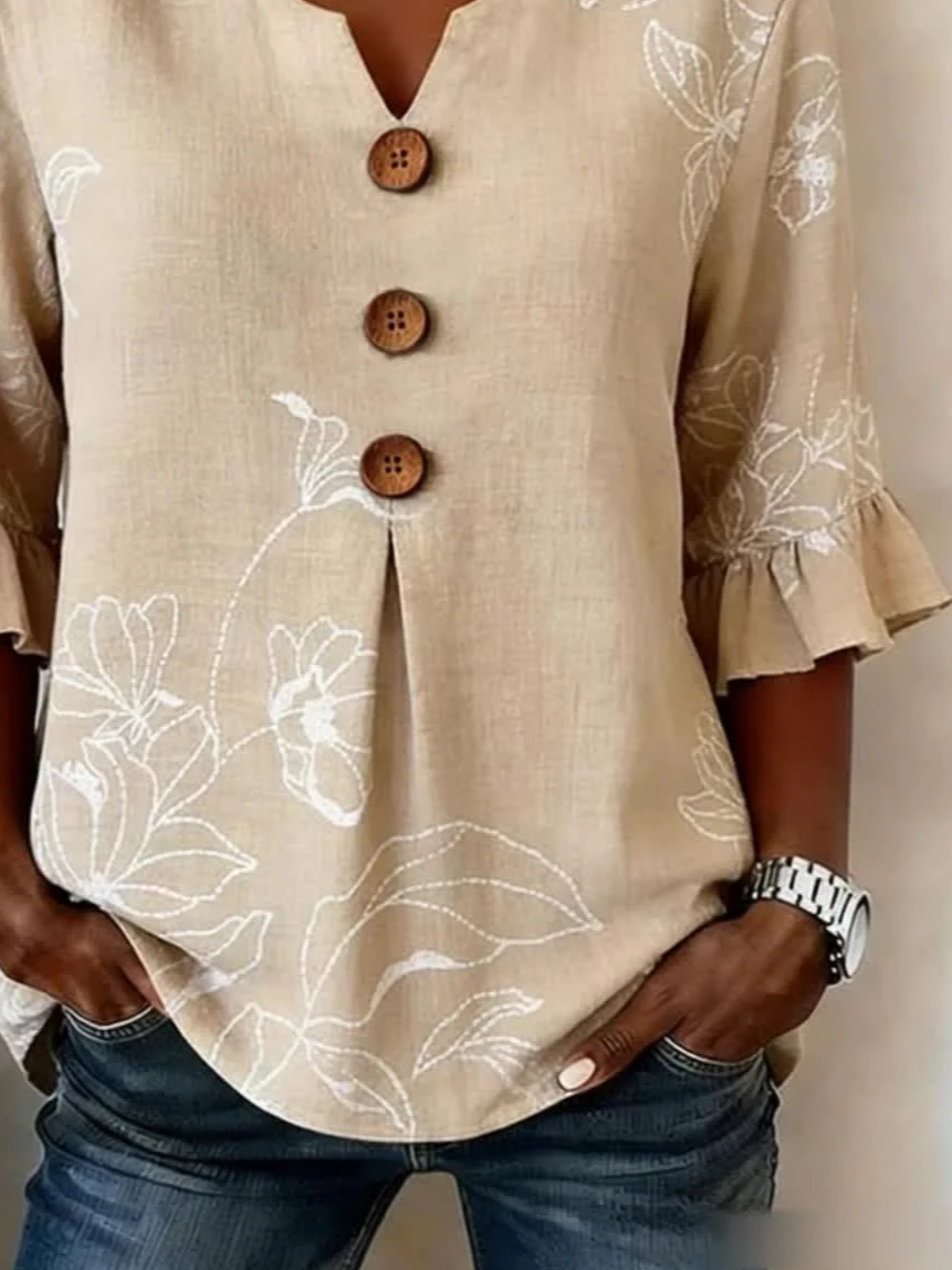 Women's Half Sleeve Blouse Summer Khaki Floral Printing V Neck Daily Going Out Vintage Top