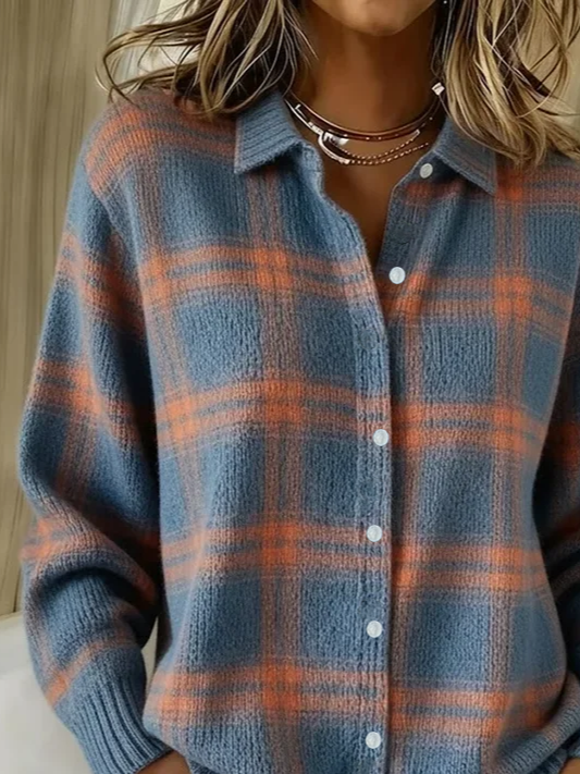 Women's Retro Plaid Casual Collared Button-Up Cardigan