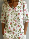 Vintage Floral Linen Blend Shawl Collar Shirt