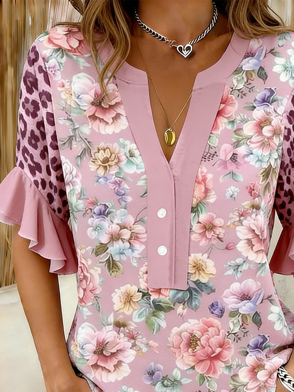 Vintage V Neck Botanical Pattern Shirt