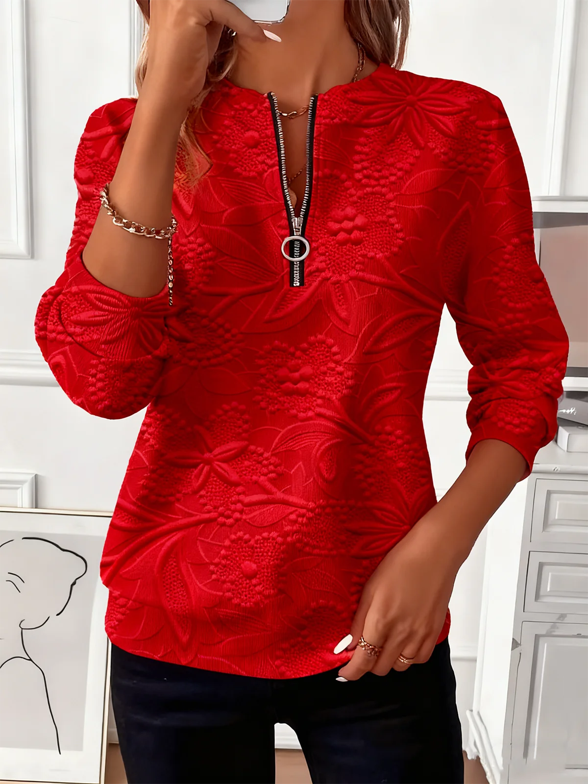 Women's Artistic Floral Design Everyday Long Sleeve Center Front Zip Sweatshirt