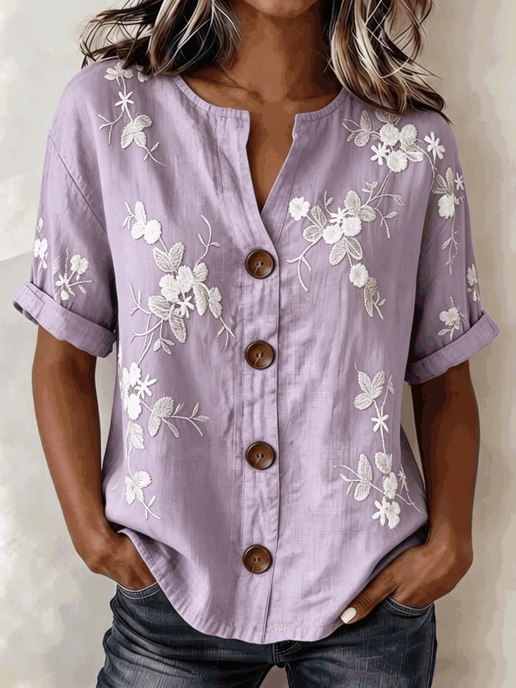 Linen Blend 3D Floral Print Henley Neck Button Front Roll Cuff Casual Blouse