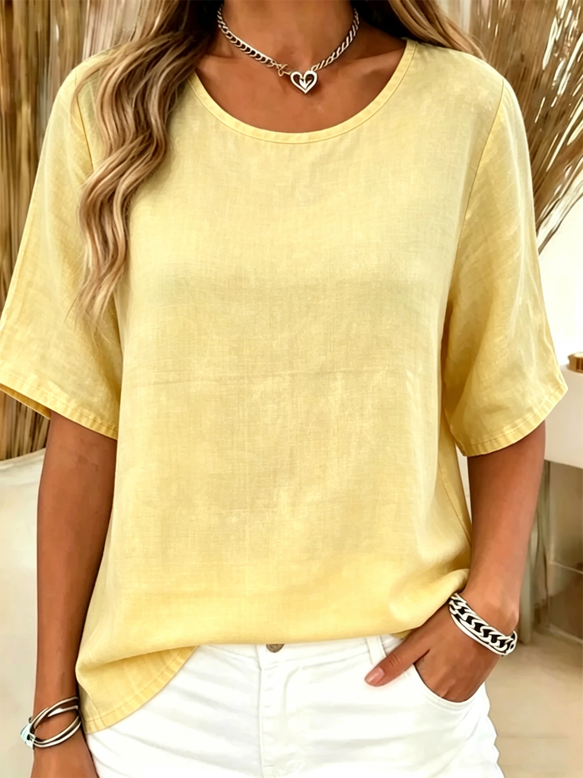 Cotton-Blend Crew Neck Vintage Plain T-Shirt