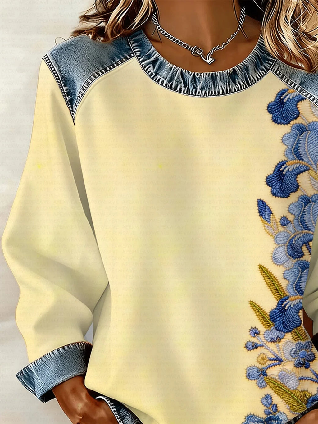 Women's Flower Print Patchwork Denim Crewneck Long-Sleeved Sweatshirt