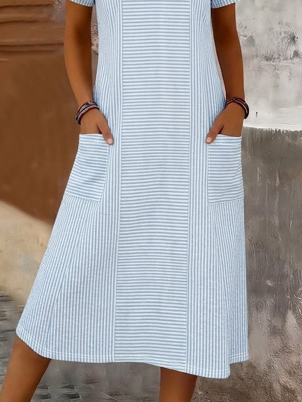 Women's Short Sleeve Summer Blue Striped Printing Crew Neck Daily Going Out Casual Maxi H-Line T-Shirt Dress Dress