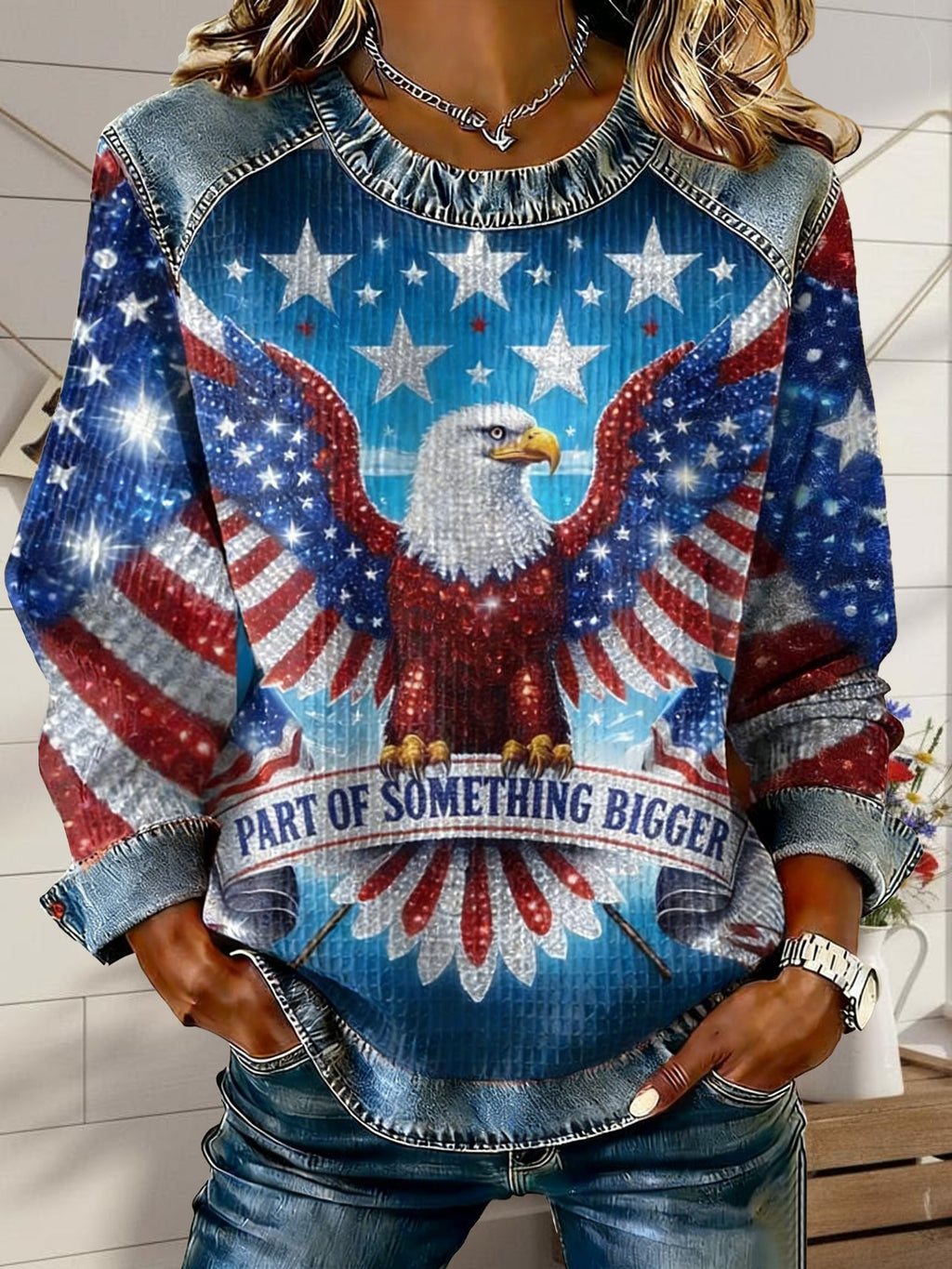Street Denim Color Block Eagle Old Glory Round Neck Long Sleeve Independence Day Going Out Casual Sweatshirt
