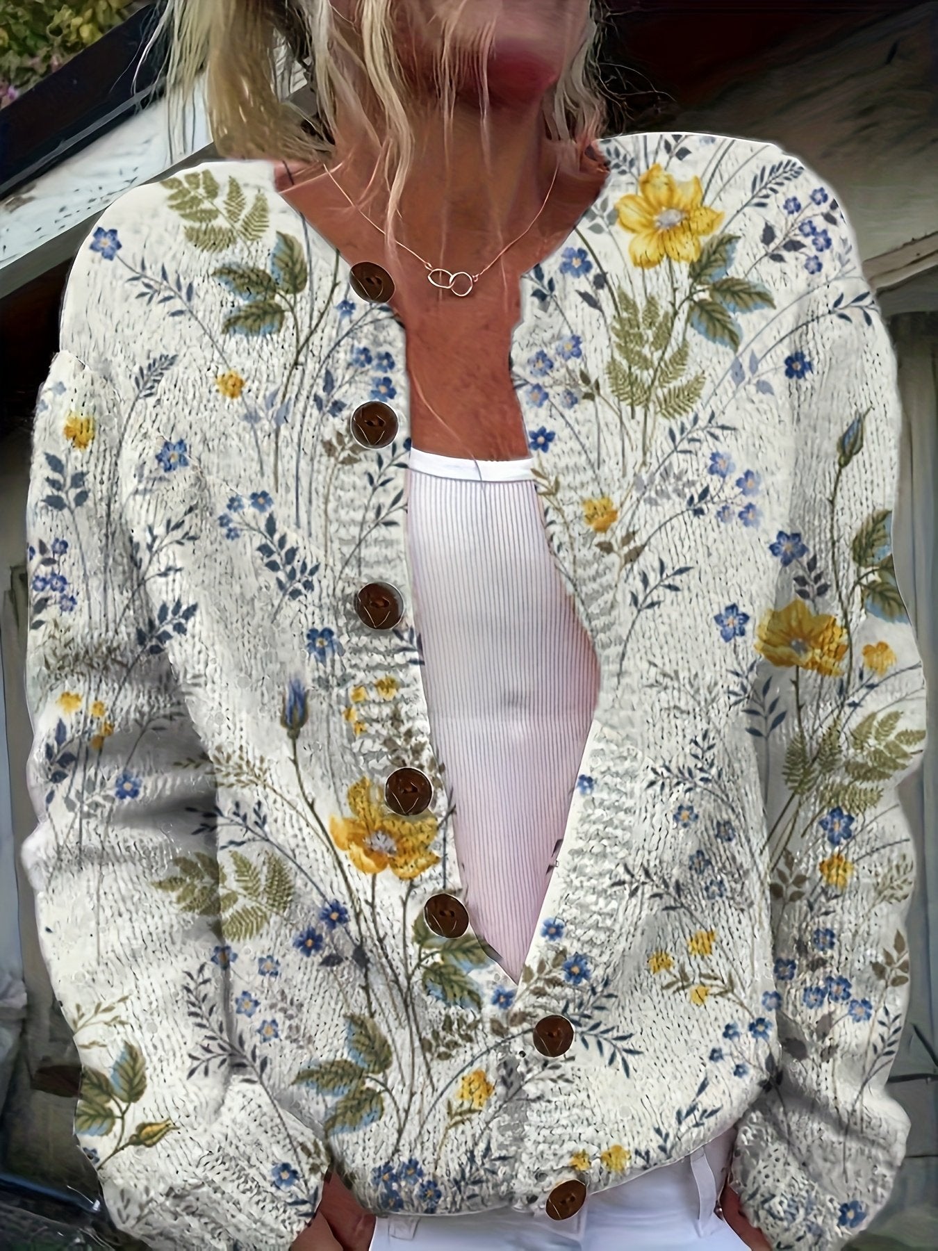 Floral Crew Neck Casual Cardigan