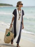 Color Block Stripe Round Neck Short Sleeve Summer Loose Vacation Maxi Dress