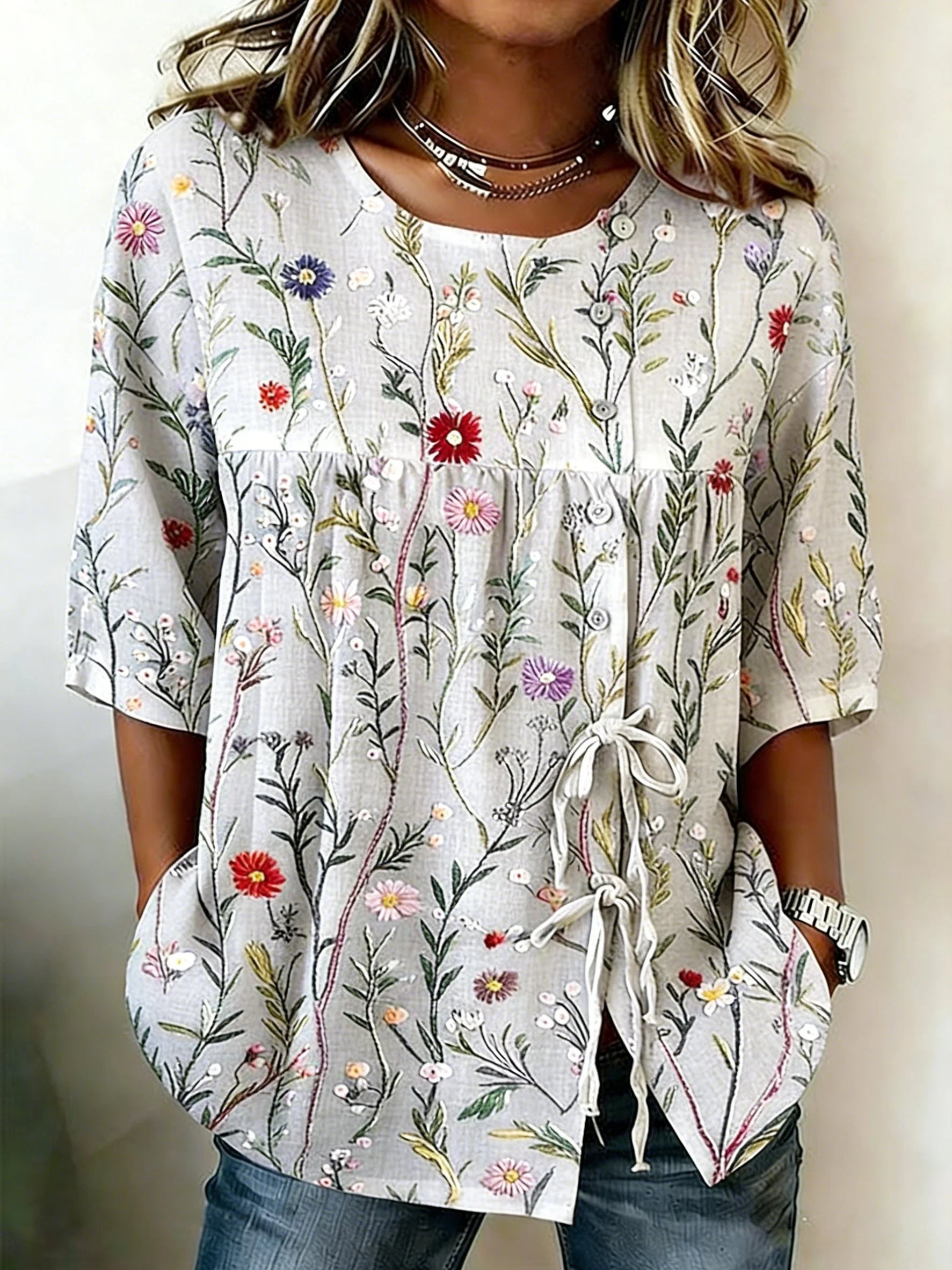 Vintage Crew Neck Linen Blend Floral Blouse