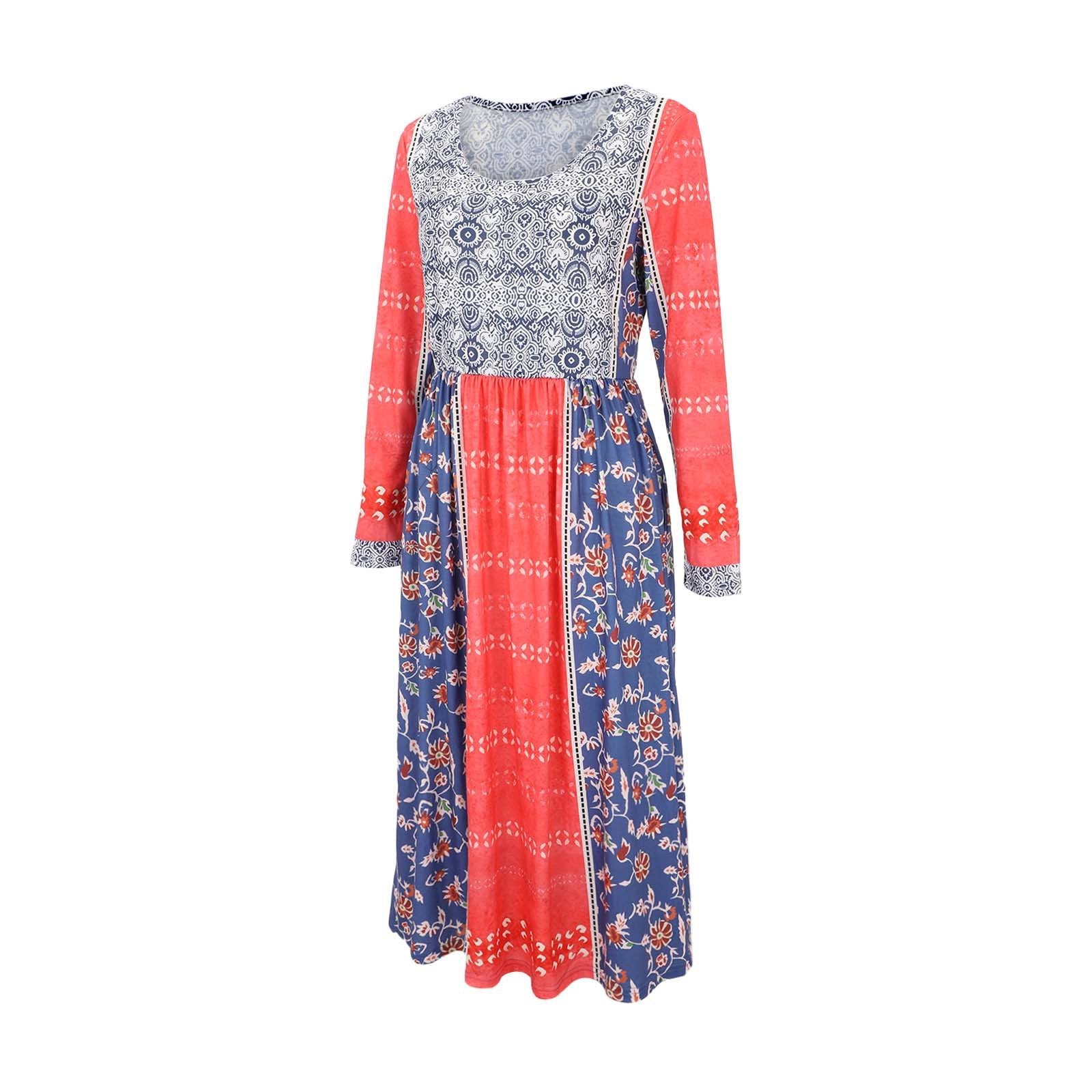Floral Vintage Loose Crew Neck Dress With No