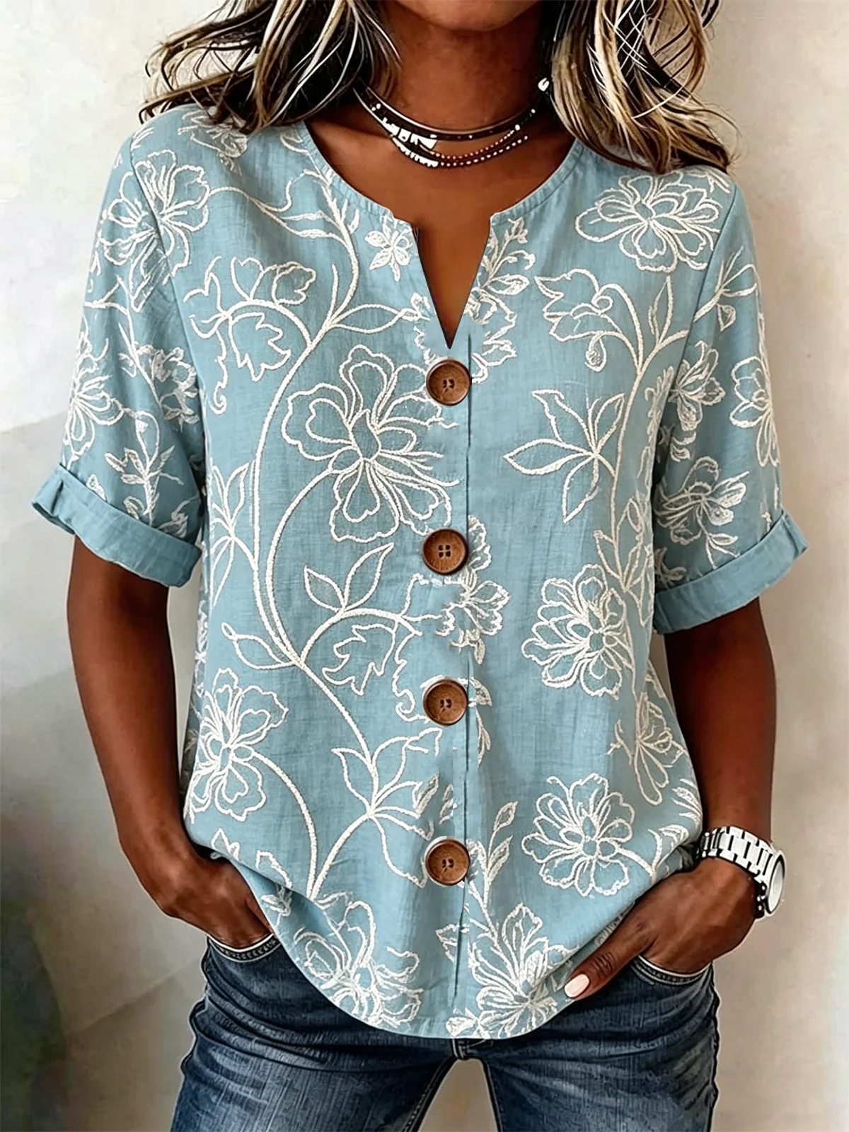 Vintage Blue Floral V-Neck Blouse with Wooden Buttons