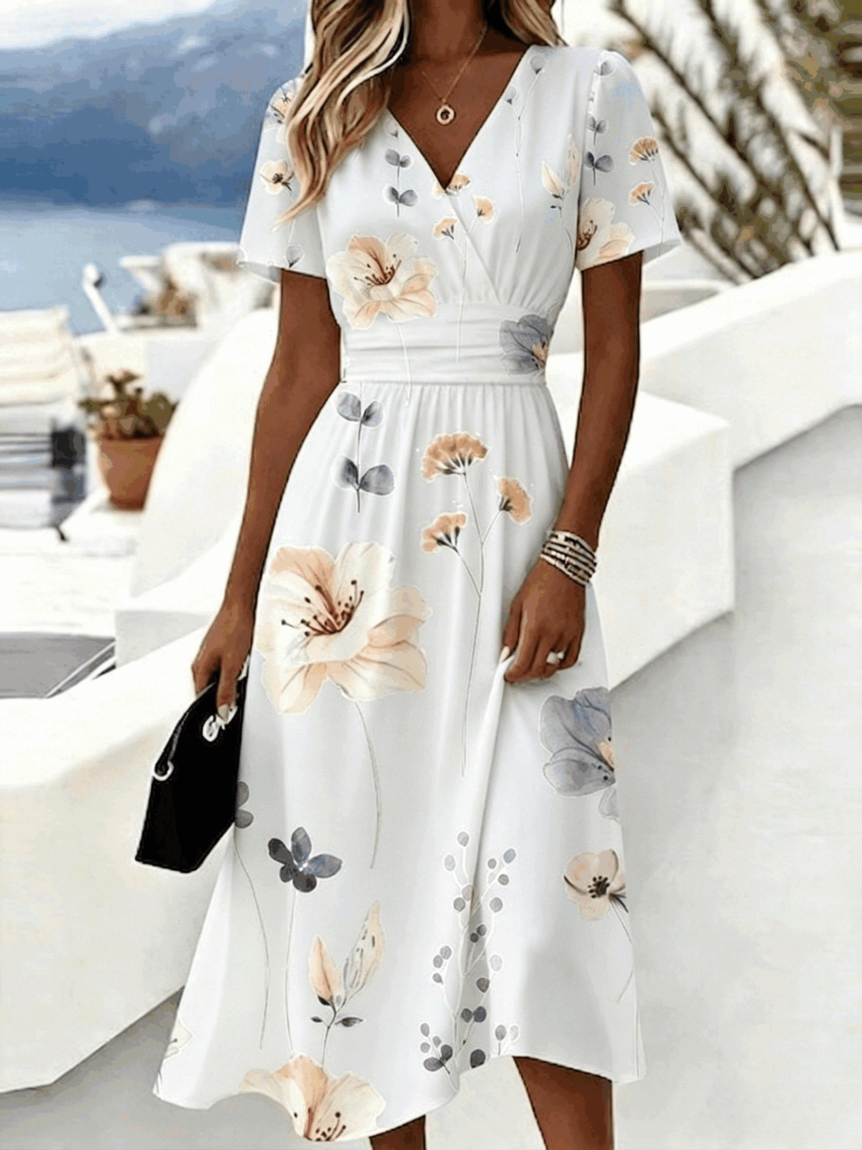 Casual Light Blue Flower Print V Neck Midi Dress Short Sleeve Elastic Waist Flowy Summer Dress