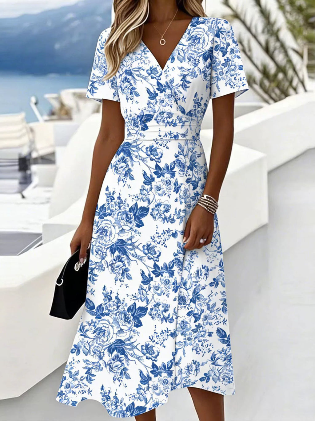 Blue Floral Short Sleeve V Neck Summer Going Out Casual Dress