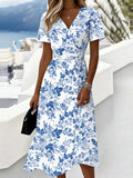 Blue Floral Short Sleeve V Neck Summer Going Out Casual Dress