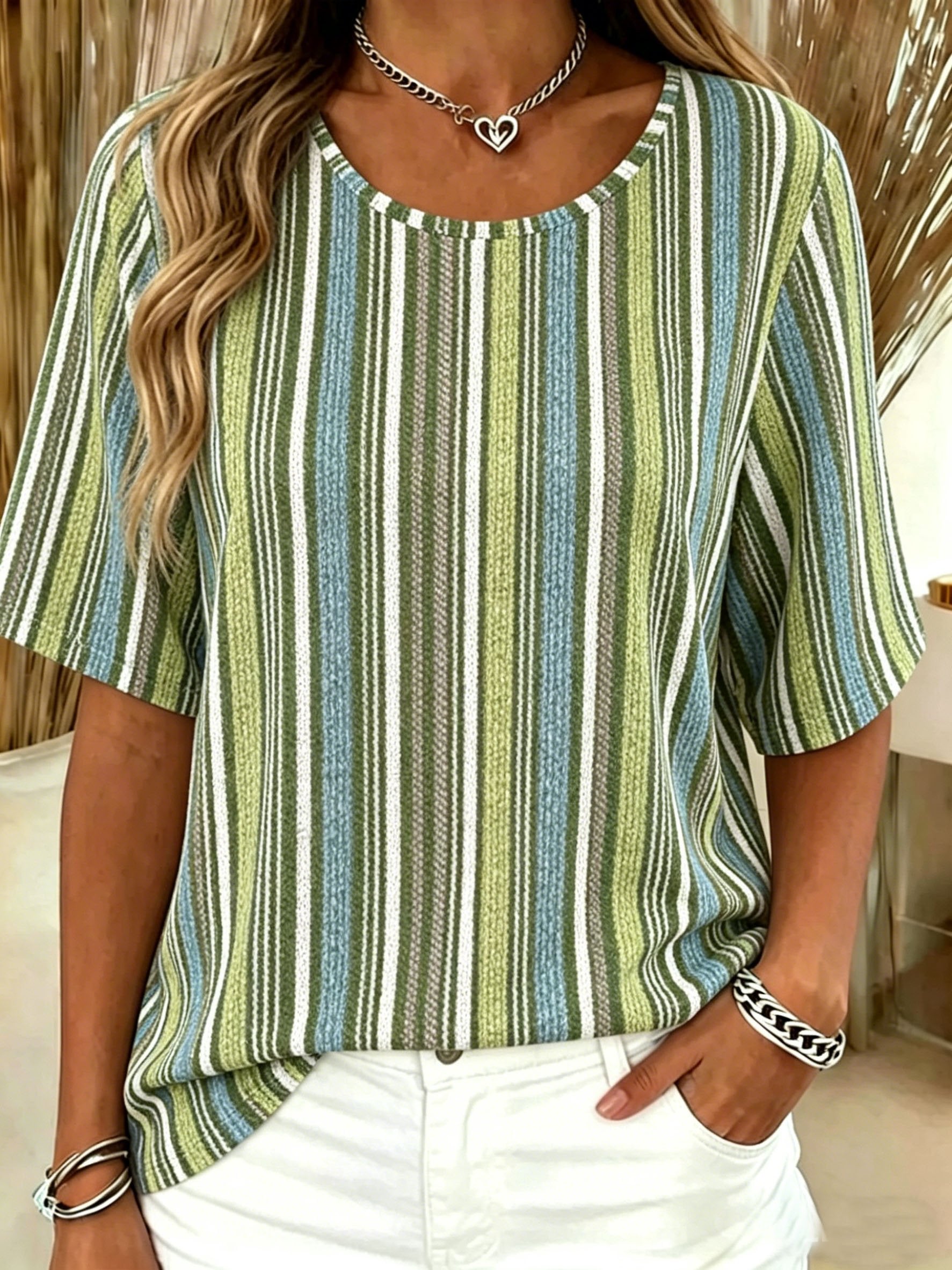 Cotton-Blend Crew Neck Short Sleeve Casual Striped T-Shirt