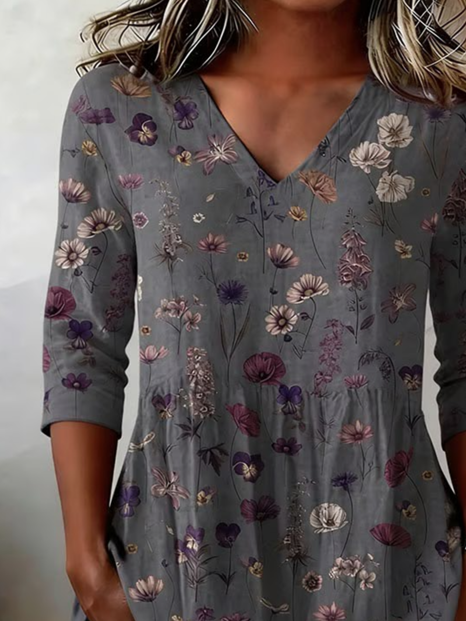 Women's V-Neck Long-Sleeve Printed Shirt with Pockets