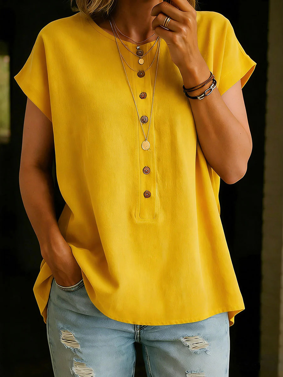 Plain Round Neck Short Sleeve Button Spring Summer Casual Blouse