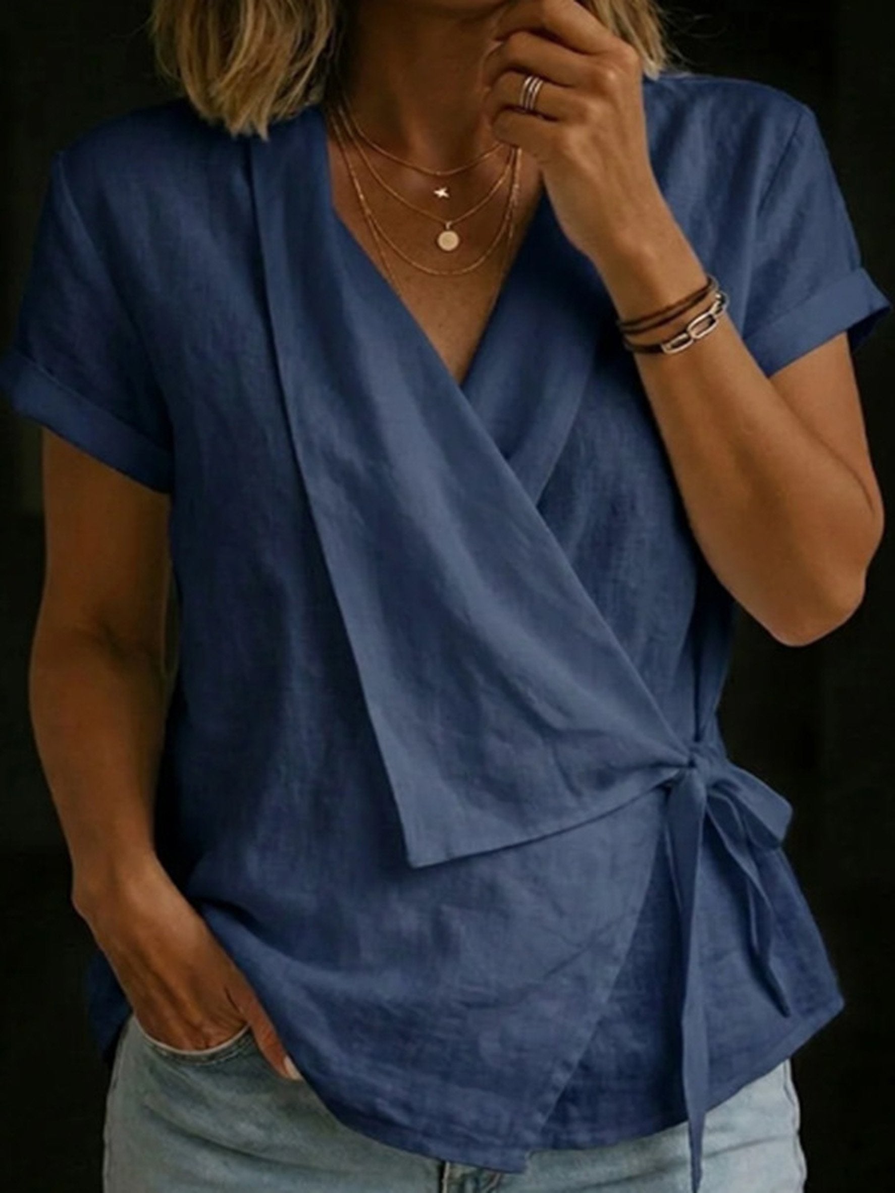 Cotton And Linen Wrap Detail V Neck Short Sleeve Irregularly Shaped Hem Casual Blouse